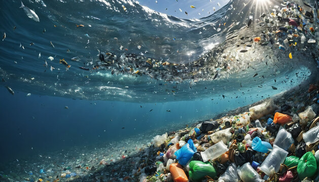 Free-floating industrial plastic waste in the ocean and on beaches, massively polluting coastal regions and waters around the world - ai generated