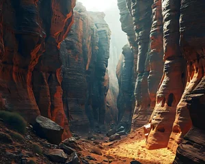  a narrow canyon in the middle of a desert © KWY