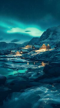 a snowy landscape with houses and a aurora bore © KWY