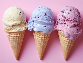 Three ice cream cones with different flavors on a pink background. Generative AI.