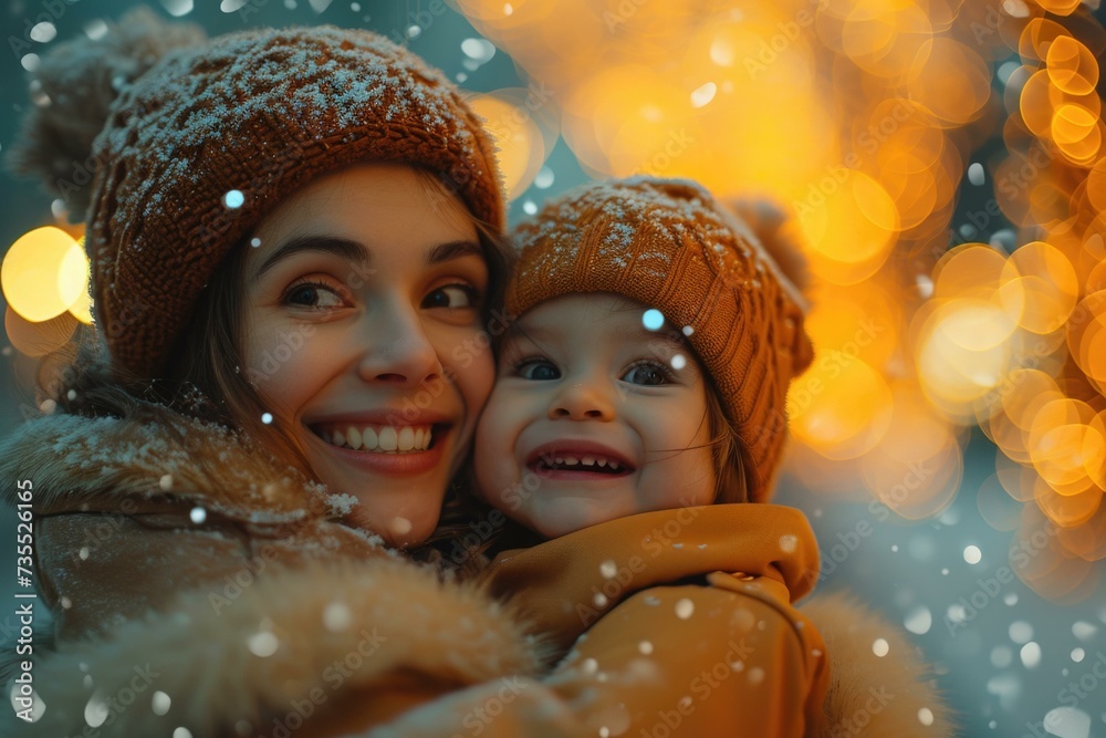 Canvas Prints A woman and child are smiling in the snow. Generative AI.