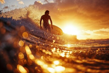 Photorealistic ai artwork of a surfer at sunset or sunrise in the water. Generative ai. - obrazy, fototapety, plakaty