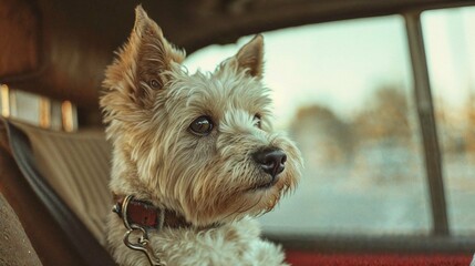 Photorealistic ai artwork portrait of a west highland white terrier dog looking out a car window with beautiful sunlight. Generative ai.
