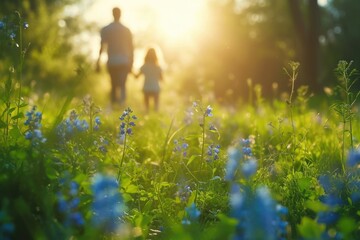 A man and a child walking through a field of blue flowers. Generative AI.
