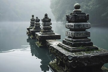 a row of statues sitting on top of a body of water - obrazy, fototapety, plakaty