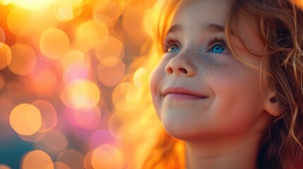 A little girl with blue eyes looking up at the sun. Generative AI.