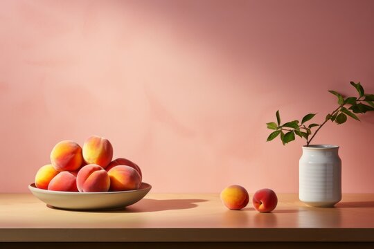 Minimalist image of table with plate of fresh aromatic peaches on trendy peach fuzz wall,empty space