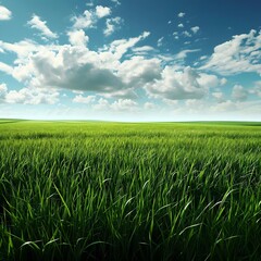 Obraz premium a field of green grass under a cloudy blue sky