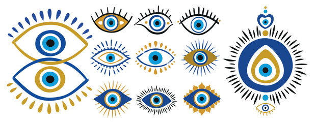 Blue oriental evil eye symbol amulet.Flat style design vector illustration set isolated on white background. Greek or Turkish Nazar protection talisman - obrazy, fototapety, plakaty