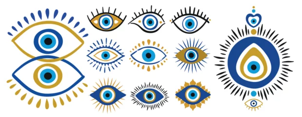 Foto op Canvas Blue oriental evil eye symbol amulet.Flat style design vector illustration set isolated on white background. Greek or Turkish Nazar protection talisman © AZOGUE.art