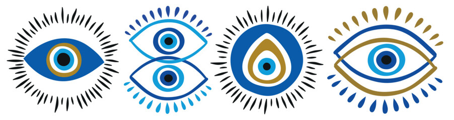 Mystical evil eyes. Esoteric blue talisman in doodle style. Ethnic lucky amulet. Set of vector illustrations - obrazy, fototapety, plakaty
