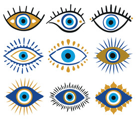 Nazar Beads three types of design protection from evil eye beads, blue eyes icons, protection from evil eye, evil eye or Turkish eye symbol and icon set - obrazy, fototapety, plakaty