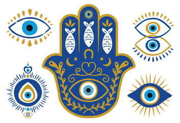 The evil eye, Hamsa, protective amulet of Mediterranean cultures, in countries such as Greece, Turkey, Italy. Vetporial illustration in dooble style