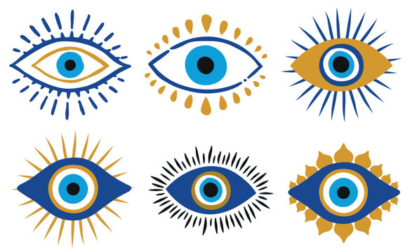 Evil eye talisman icons. Turkish or Greek eye symbols. Ethnic magic amulet from Greece. Blue hamsa mystical icons set in hand drawn style. Nazar amulet symbol.