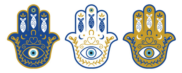 Blue, white and gold hamsa set. Protection and luck amulet. Hand of Fátima, Mediterranean culture. Vector illustration