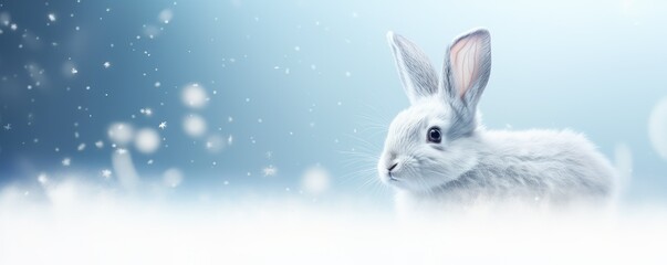 Obraz premium White rabbit on light blue background with copy space. Easter minimalistic concept with copy space. Cute pet for background, poster, print, design card, banner, flyer