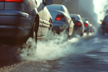A queue of vehicles releasing exhaust fumes into the air, highlighting issues of air pollution and environmental concerns in urban settings. - obrazy, fototapety, plakaty