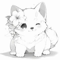 Black and White Illustration of a Cute Dog Winking in Anime Style