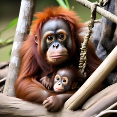 Baby orangutan and mom. Generative AI.