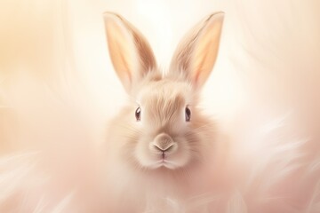 Obraz premium White rabbit on light peach blurred background with copy space. Easter minimalistic concept with copy space. Cute pet for background, poster, print, design card, banner, flyer