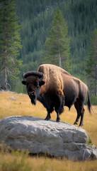 A formidable Bison standing on a rock surrounded by trees and vegetation. Splendid nature concept.