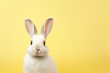 Fototapeta na wymiar White rabbit pick up on a light yellow background with copy space. Easter minimalistic concept with copy space. Cute pet for background, poster, print, design card, banner, flyer