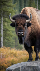 A formidable Bison standing on a rock surrounded by trees and vegetation. Splendid nature concept.