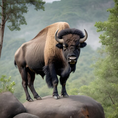 Obraz premium A formidable Buffalo standing on a rock surrounded by trees and vegetation. Splendid nature concept.