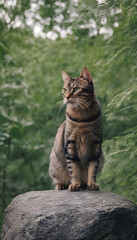 Obraz premium A formidable Cat standing on a rock surrounded by trees and vegetation. Splendid nature concept.