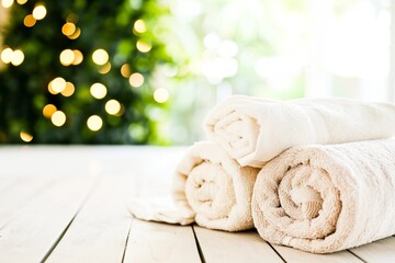 Rolled spa towels on a wooden surface with blurred lights in the background.