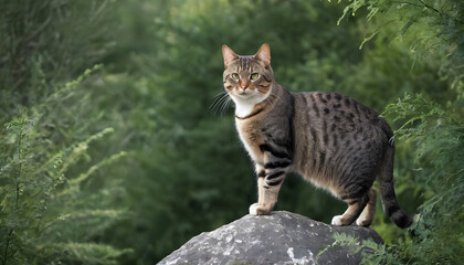 Obraz premium A formidable Cat standing on a rock surrounded by trees and vegetation. Splendid nature concept.