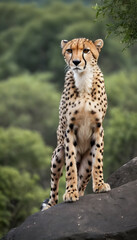 Obraz premium A formidable Cheetah standing on a rock surrounded by trees and vegetation. Splendid nature concept.