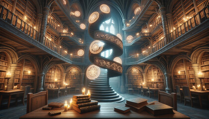 A mystical library in a castle tower with spiral stone staircases leading to several levels of bookshelves. Glowing runes and floating candles provide light, and ancient books are scattered on the woo - obrazy, fototapety, plakaty