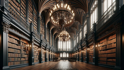 Obraz premium An image of a huge Gothic-style library with high ceilings, arched windows, rows of dark oak bookshelves filled with old books, and a large ornate chandelier. Books in the library close-up.