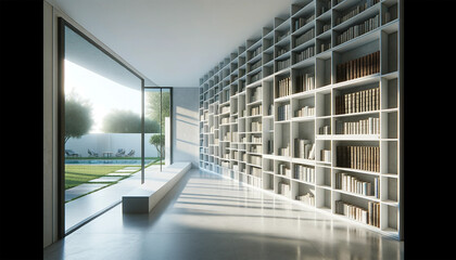 An image of a minimalist modern library with sleek white shelves holding rare old books and large windows overlooking a serene garden. Books in the library close-up.