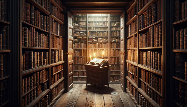An image of a secret library hidden behind a moving bookcase, with a small room containing tall, crammed shelves of old books, a single desk with a lit candle, and an open ancient tome. Books in the l