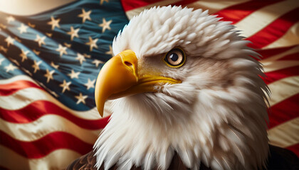 Naklejka premium A close-up portrait of a bald eagle, highlighting its white-feathered head and yellow beak. An American flag flutters softly in the background, adding a patriotic touch to the scene. The image was cre