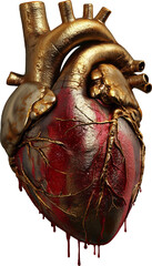 image of a broken bleeding human golden heart isolated on a transparent background