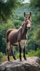 A formidable Donkey standing on a rock surrounded by trees and vegetation. Splendid nature concept.