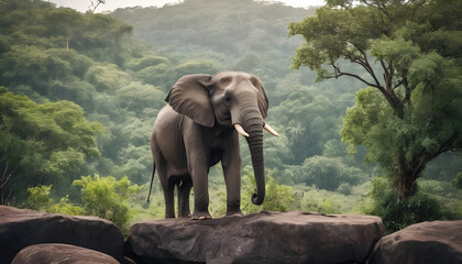 Obraz premium A formidable Elephant standing on a rock surrounded by trees and vegetation. Splendid nature concept.