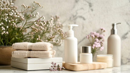 Fototapeta na wymiar Spa essentials with flowers on neutral backdrop.Body Care and Toiletries 