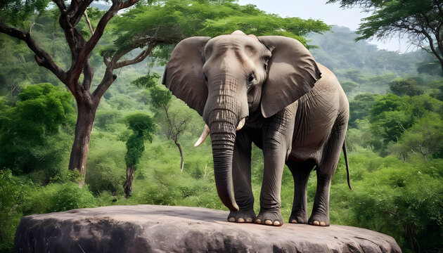 A formidable Elephant standing on a rock surrounded by trees and vegetation. Splendid nature concept.