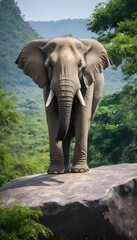 A formidable Elephant standing on a rock surrounded by trees and vegetation. Splendid nature concept.