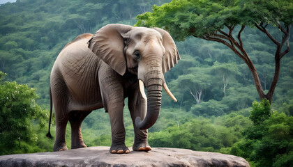 Fototapeta premium A formidable Elephant standing on a rock surrounded by trees and vegetation. Splendid nature concept.