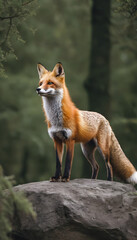 A formidable Fox standing on a rock surrounded by trees and vegetation. Splendid nature concept.