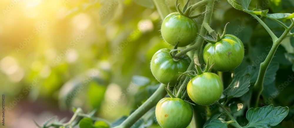 Wall mural Lush, Fresh Green Tomatoes Ripening and Growing on Healthy Vine in Organic Garden