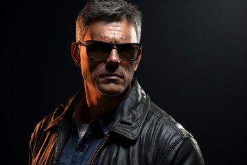 Obraz premium Serious and Stylish: A Handsome, Trendy, and Confident Caucasian Male with Black Hair in a Leather Jacket, Looking Cool in a Studio Setting