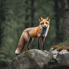 A formidable Fox standing on a rock surrounded by trees and vegetation. Splendid nature concept.