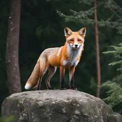 Fototapeta premium A formidable Fox standing on a rock surrounded by trees and vegetation. Splendid nature concept.