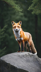 A formidable Fox standing on a rock surrounded by trees and vegetation. Splendid nature concept.